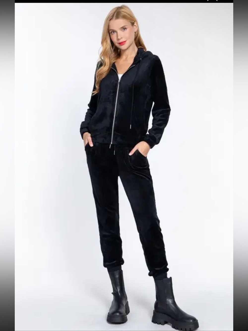 Black Velour Zip Hoodie & Jogger Set - Women